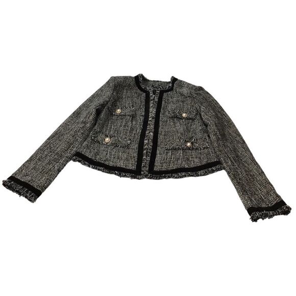 LUXY USA Black Tweed Collarless Fringe Trim Blazer New Size Medium - Picture 3 of 10